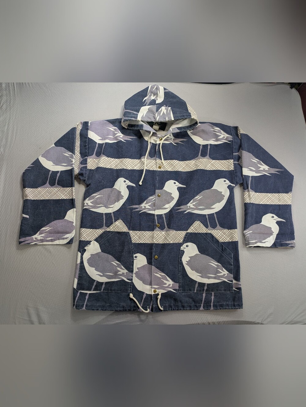Vintage Orvis Michigan Rag Co. Blue Seagulls Snap Anorak Hooded Jacket Sz S/M